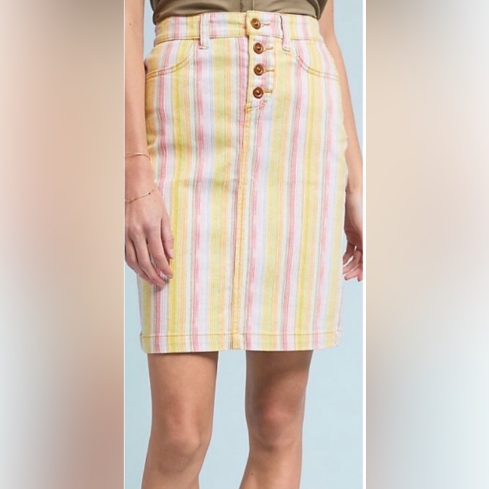 Anthropologie Maeve Striped Stretch Denim Pencil Skirt w/ Brown Buttons Size 10